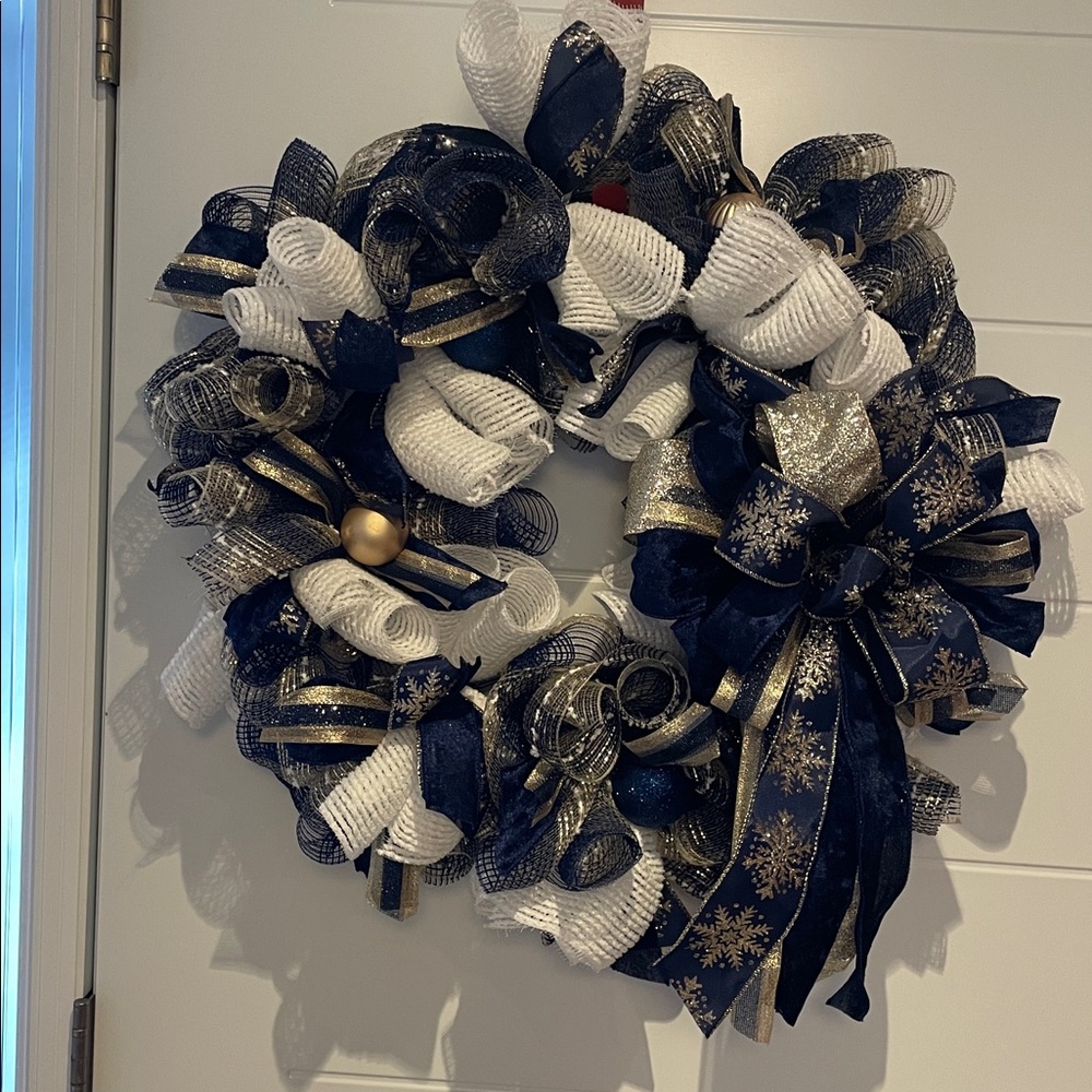 Festive Hand Created Navy, Gold and White Holiday Winter Snowflake Mesh Wreath
